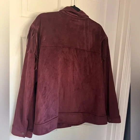 Free People Cosmic Karma Jacket Vegan Suede Fringed Button Coat Wine Plum XL - Picture 5 of 11